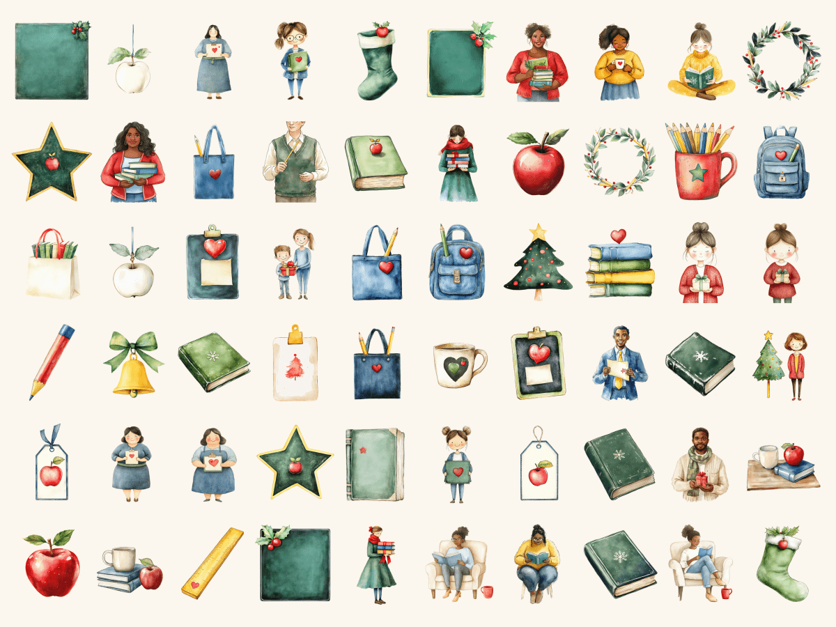 Teacher Christmas Watercolor Clipart All Bundles Clipart Line Art - WondersArtist