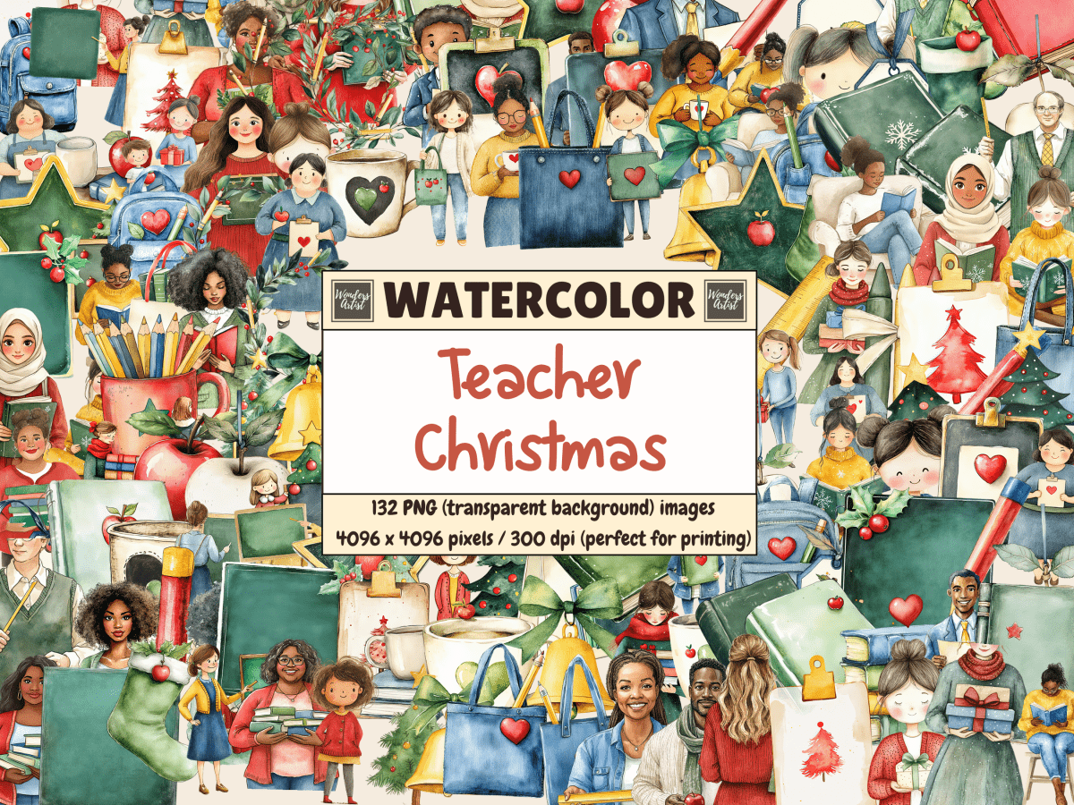 Teacher Christmas Watercolor Clipart All Bundles Clipart Line Art - WondersArtist