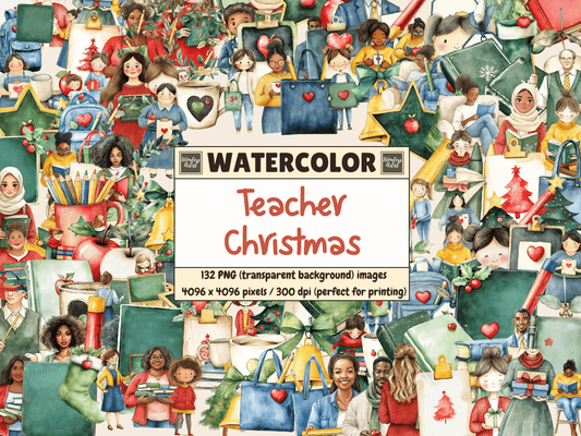 Teacher Christmas Watercolor Clipart All Bundles Clipart Line Art - WondersArtist