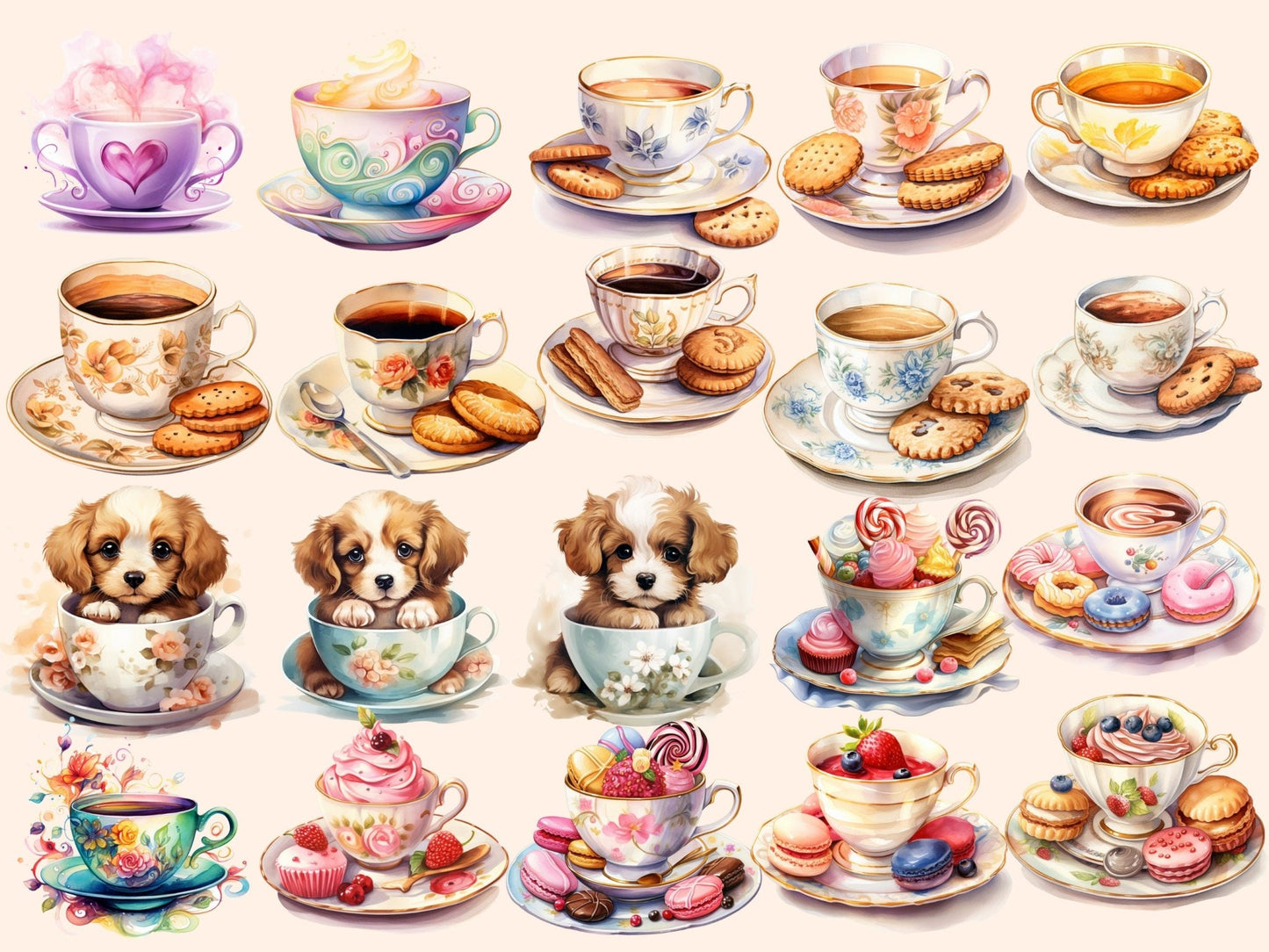 Teacups Watercolor Clipart - High - Quality Instant Digital Download for Creative Projects