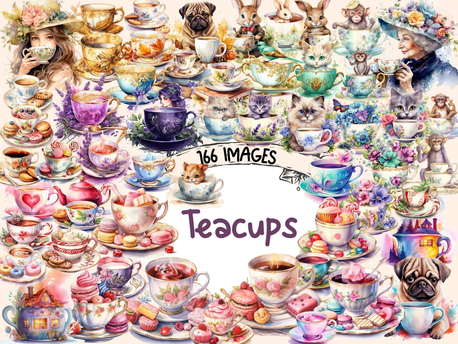 Teacups Watercolor Clipart - High - Quality Instant Digital Download for Creative Projects