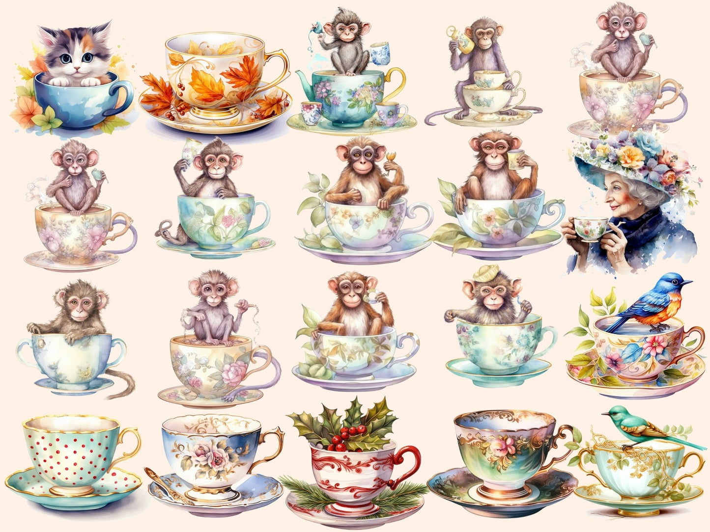 Teacups Watercolor Clipart - High - Quality Instant Digital Download for Creative Projects