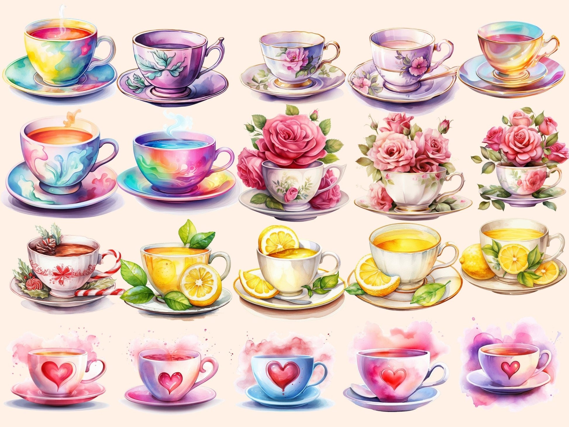 Teacups Watercolor Clipart - High - Quality Instant Digital Download for Creative Projects