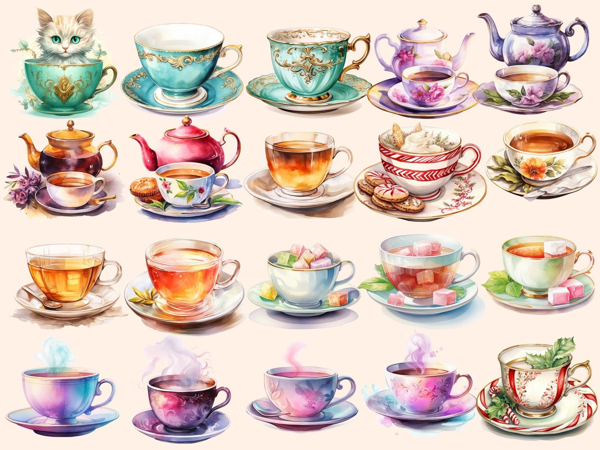 Teacups Watercolor Clipart - High - Quality Instant Digital Download for Creative Projects