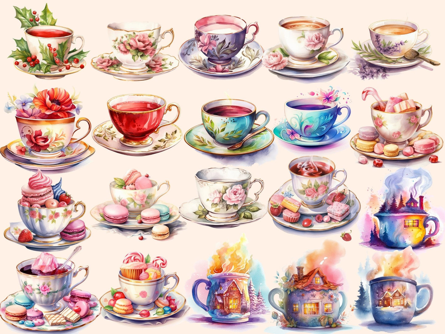 Teacups Watercolor Clipart - High - Quality Instant Digital Download for Creative Projects