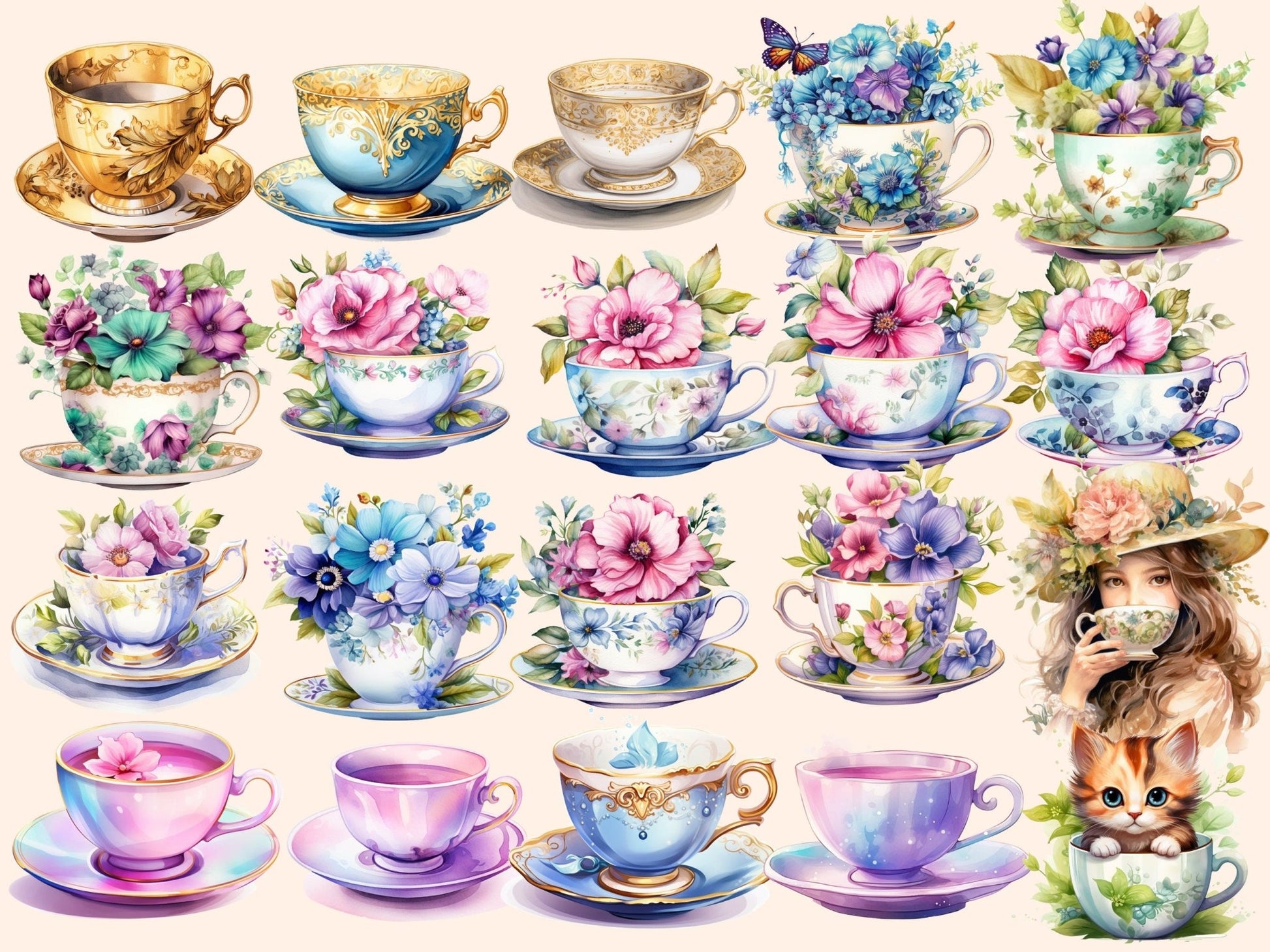 Teacups Watercolor Clipart - High - Quality Instant Digital Download for Creative Projects