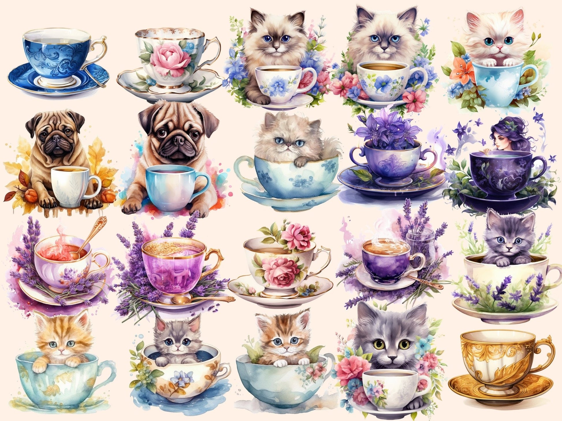 Teacups Watercolor Clipart - High - Quality Instant Digital Download for Creative Projects