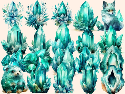 Clipart cu cristale turcoaz în acuarelă