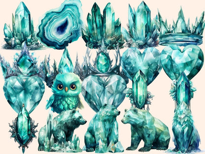 Teal Crystals Watercolor Clipart crystal clipart - Wonders Artist