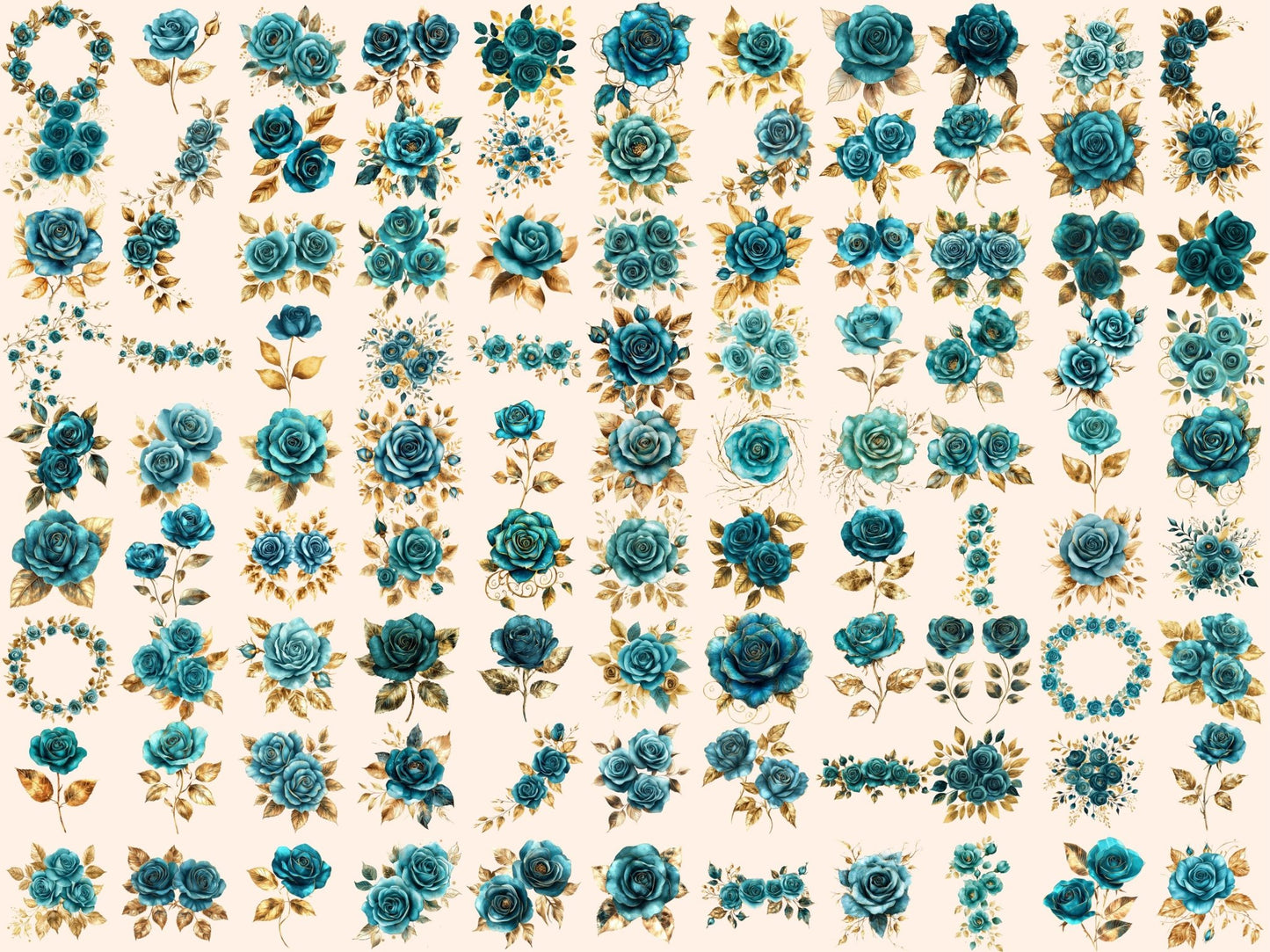 Teal Roses Watercolor Clipart - High - Quality Instant Digital Download for Creative Projects