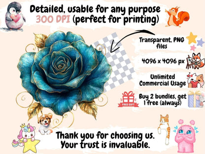 Teal Roses Watercolor Clipart blue roses png - Wonders Artist