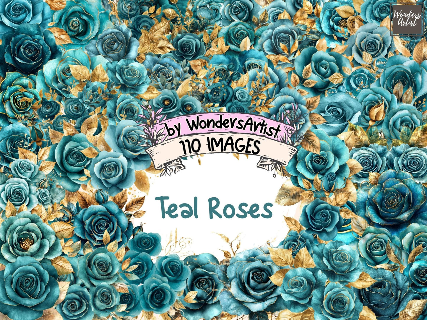 Teal Roses Watercolor Clipart - High - Quality Instant Digital Download for Creative Projects