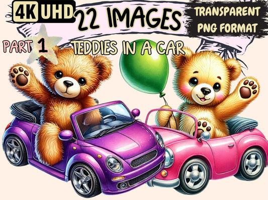 Teddies in a Car Clipart - High - Quality Instant Digital Download for Creative Projects