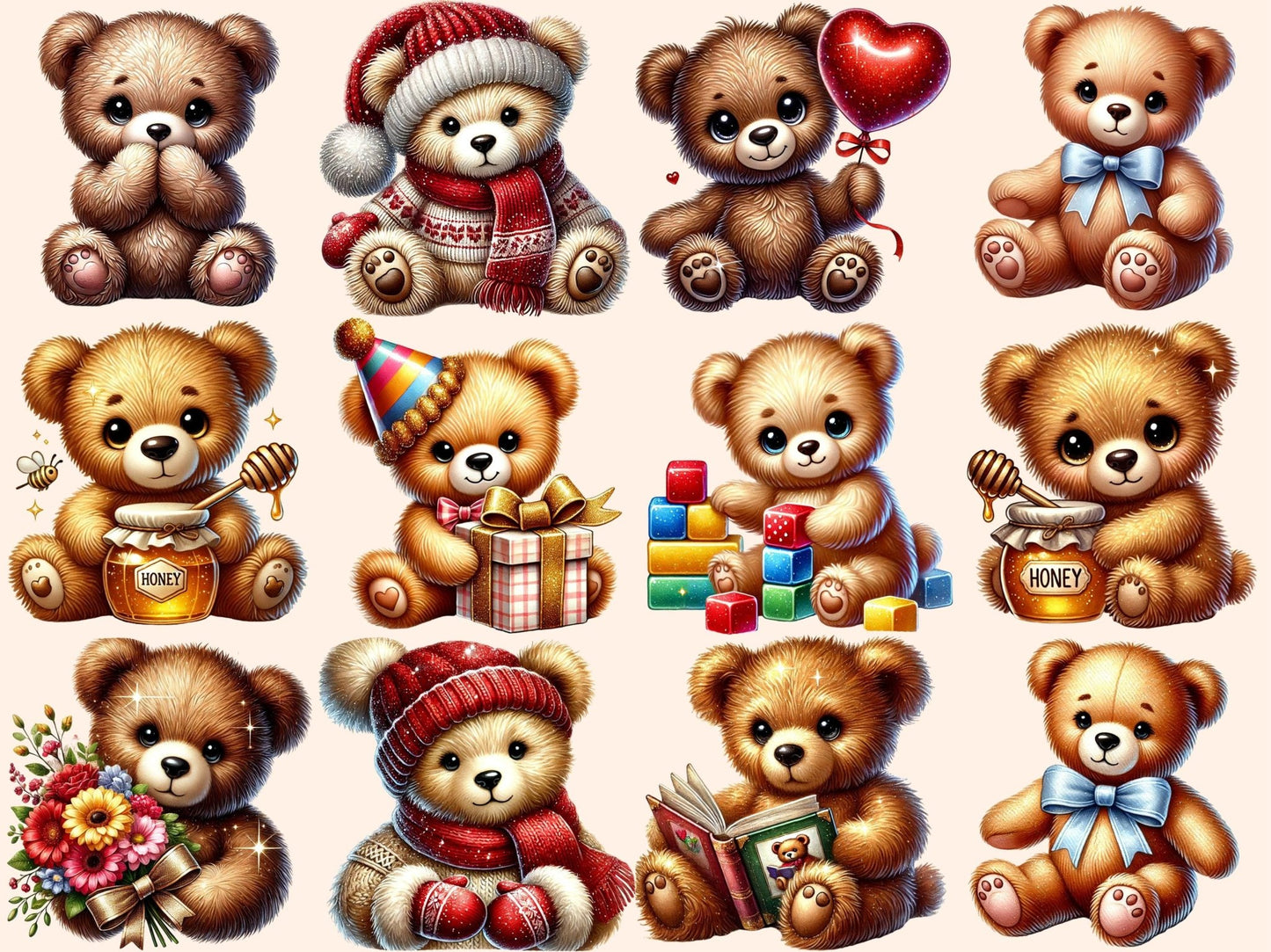 Teddy Bears (P3) Clipart - High - Quality Instant Digital Download for Creative Projects