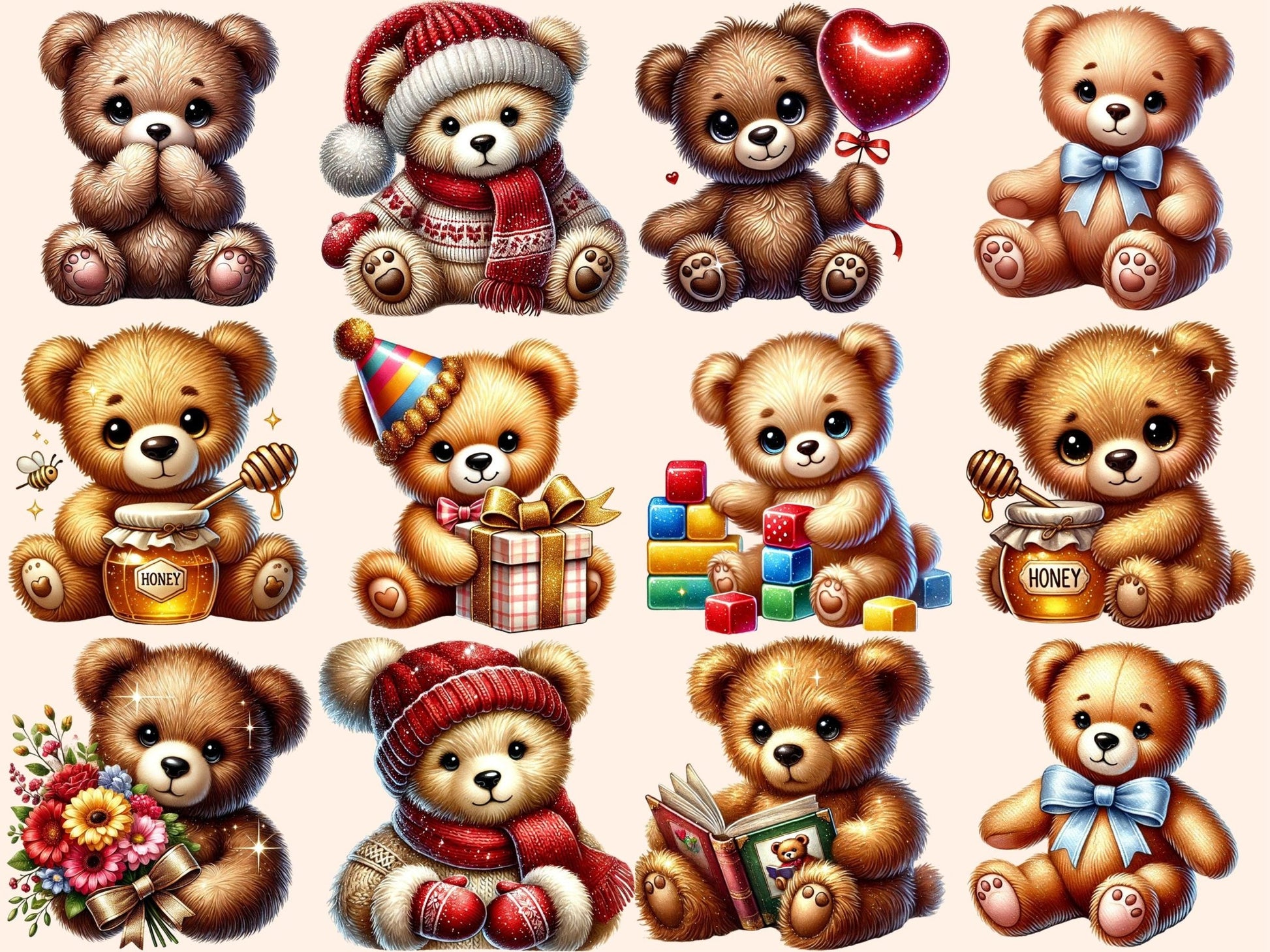 Teddy Bears (P3) Clipart - High - Quality Instant Digital Download for Creative Projects