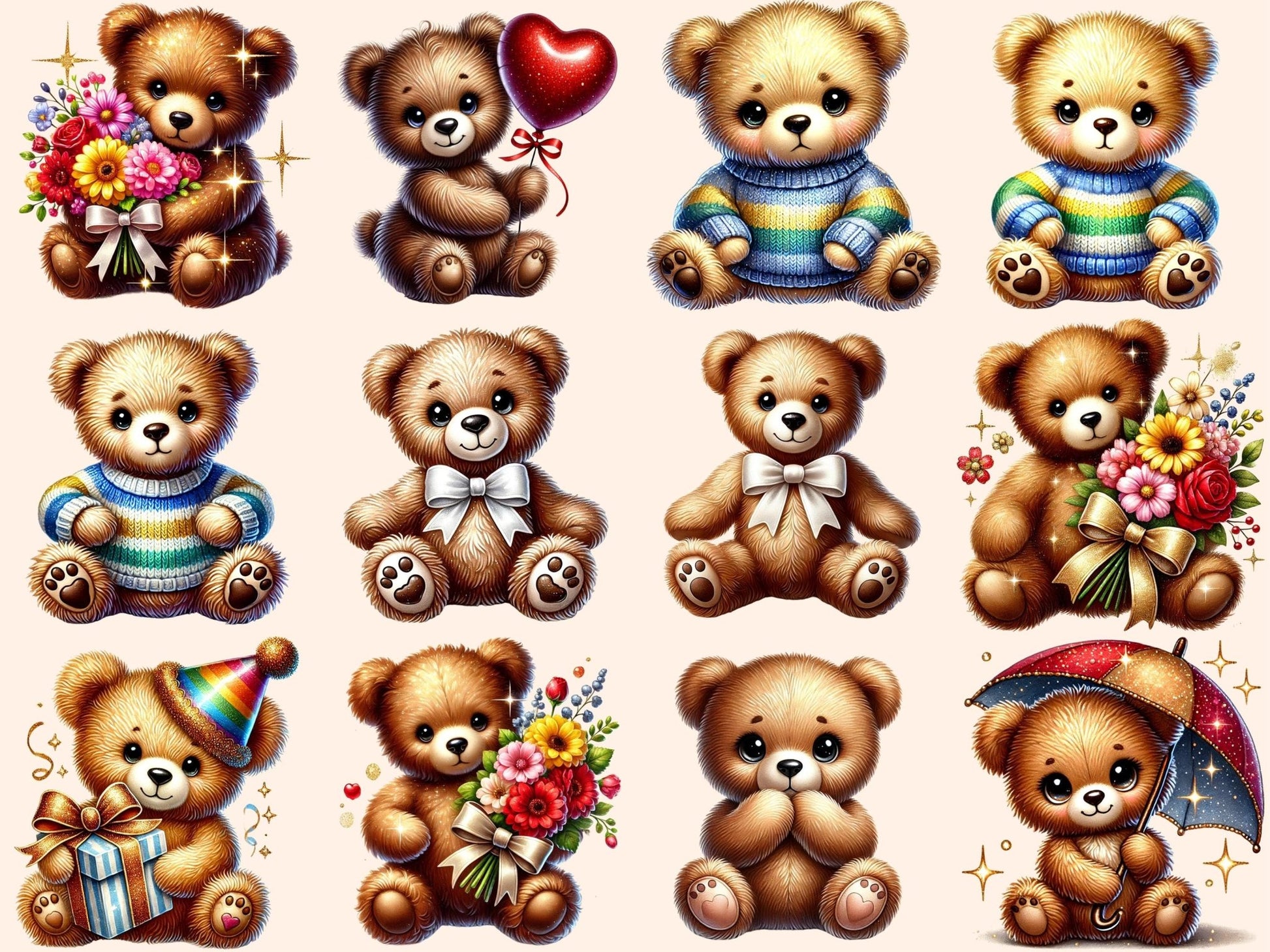 Teddy Bears (P3) Clipart - High - Quality Instant Digital Download for Creative Projects