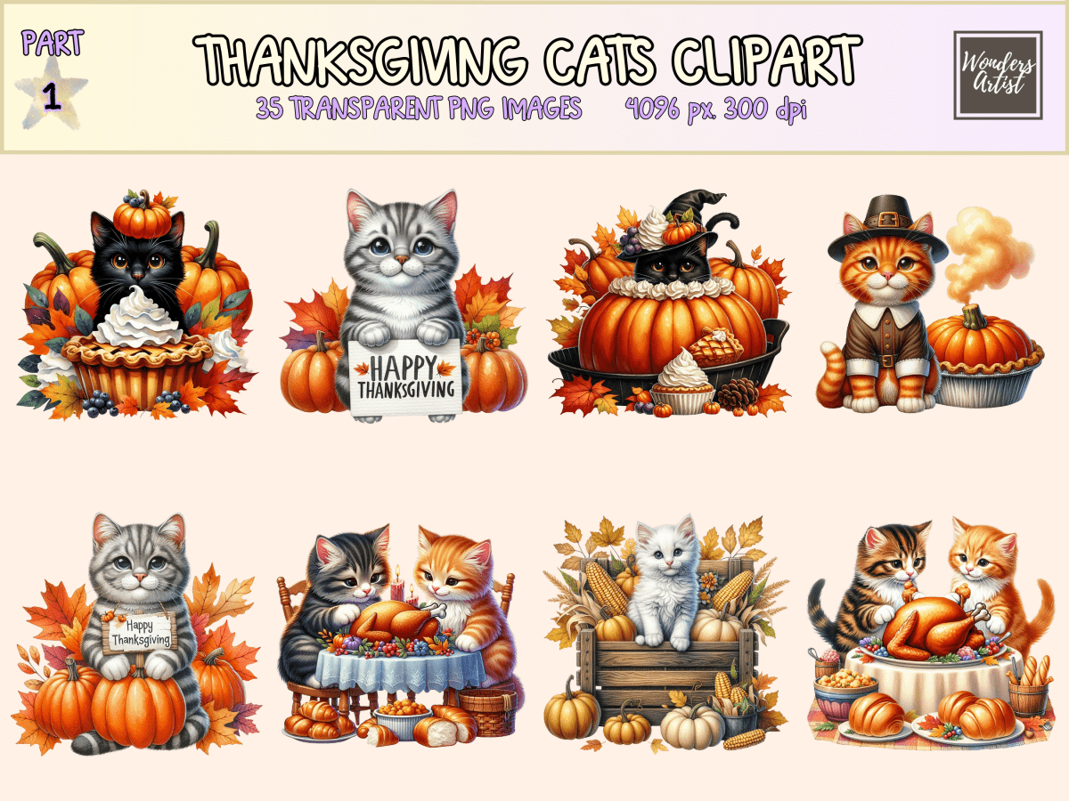 Thanksgiving Cats Clipart All Bundles Clipart Line Art - WondersArtist