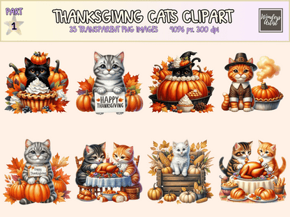 Thanksgiving Cats Clipart All Bundles Clipart Line Art - WondersArtist