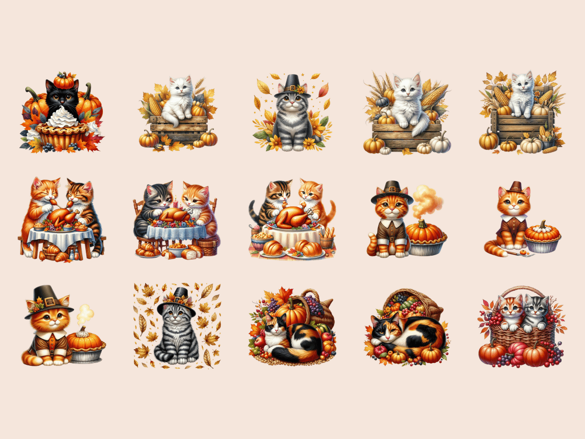 Thanksgiving Cats Clipart All Bundles Clipart Line Art - WondersArtist