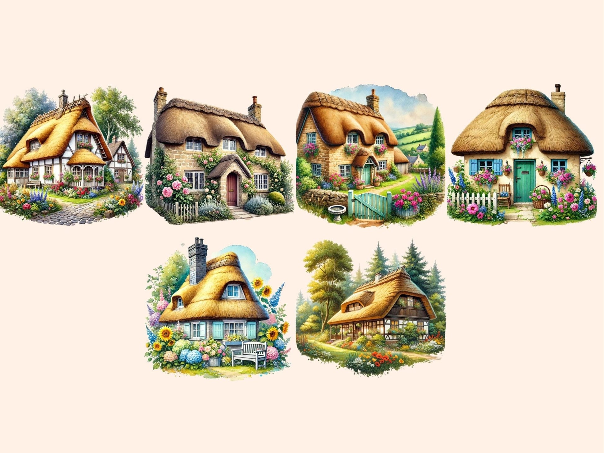 Thatched Cottages Clipart - High - Quality Instant Digital Download for Creative Projects