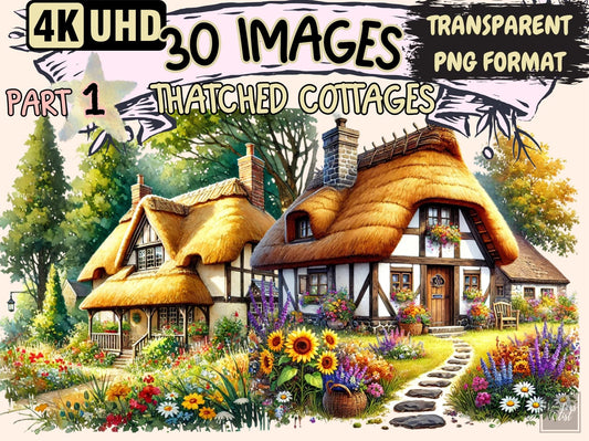 Thatched Cottages Clipart - High - Quality Instant Digital Download for Creative Projects