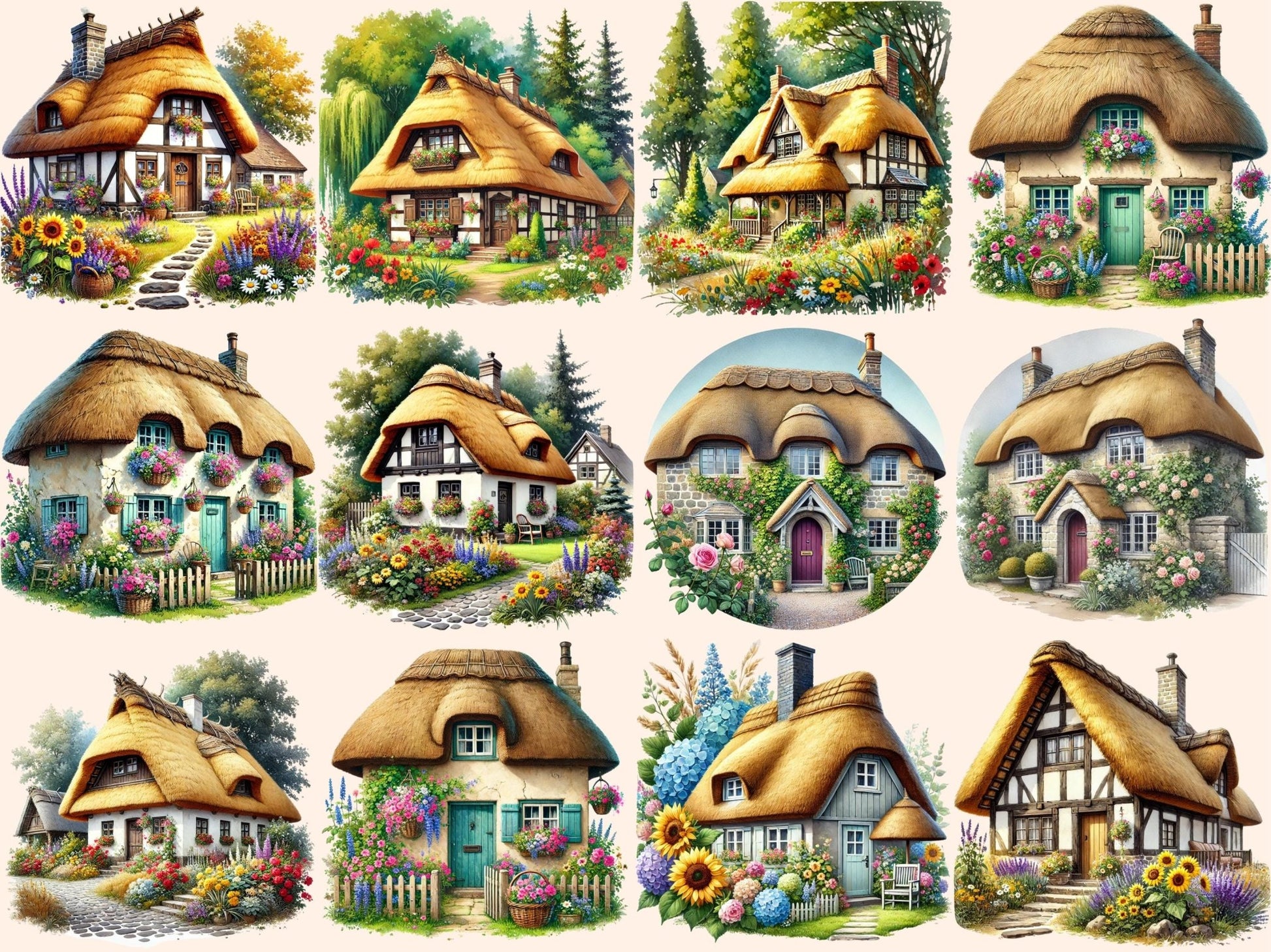 Thatched Cottages Clipart - High - Quality Instant Digital Download for Creative Projects