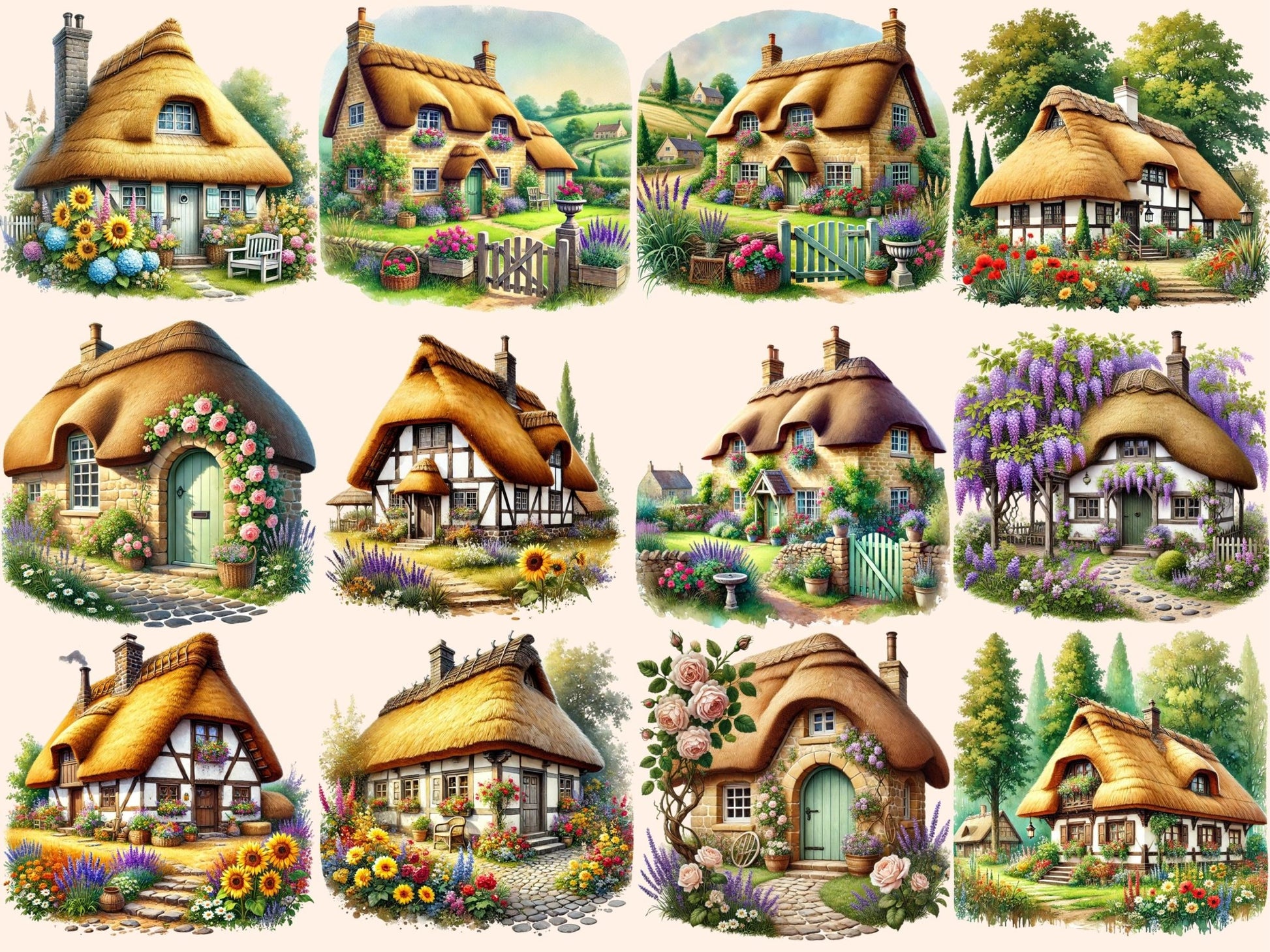 Thatched Cottages Clipart - High - Quality Instant Digital Download for Creative Projects