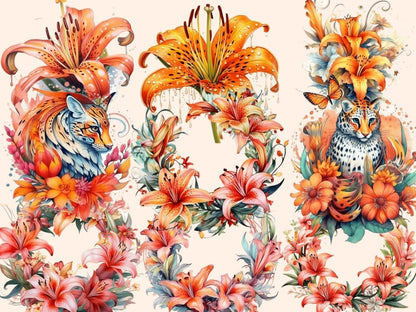 Tiger Lilies Watercolor Clipart exotic flowers - Wonders Artist