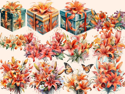 Tiger Lilies Watercolor Clipart exotic flowers - Wonders Artist