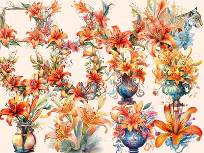 Tiger Lilies Watercolor Clipart exotic flowers - Wonders Artist