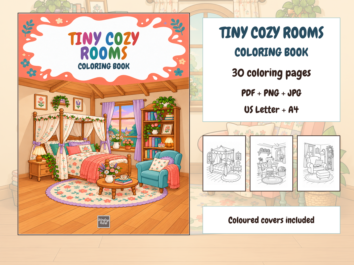 Tiny Cozy Rooms Coloring Book — complete digital bundle