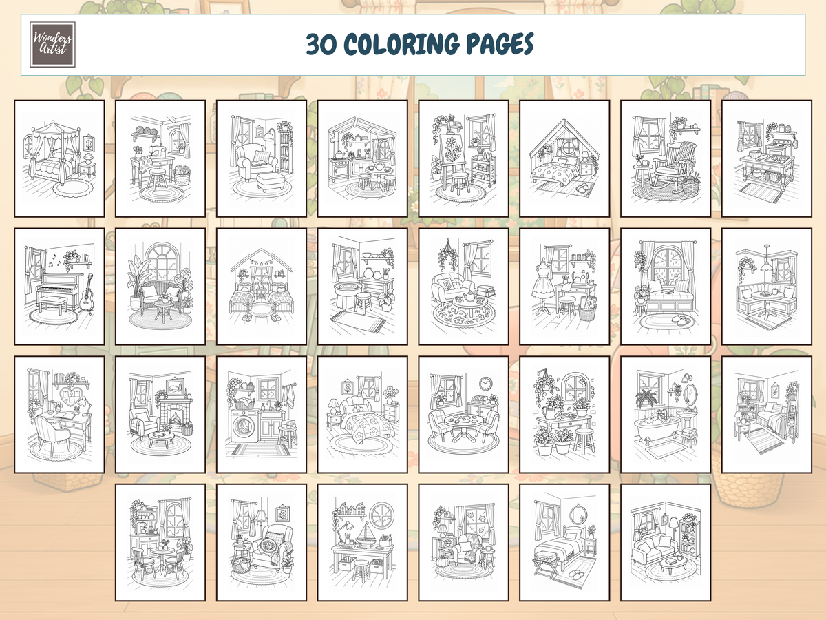 Tiny Cozy Rooms Coloring Book — all 30 coloring pages