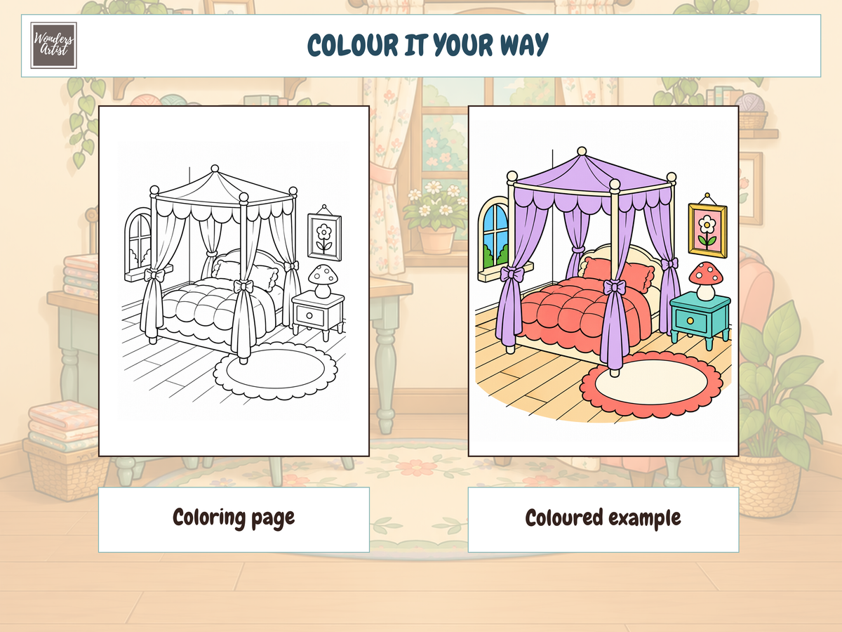 Tiny Cozy Rooms Coloring Book — coloring page and example