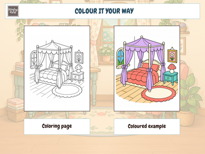 Tiny Cozy Rooms Coloring Book — coloring page and example