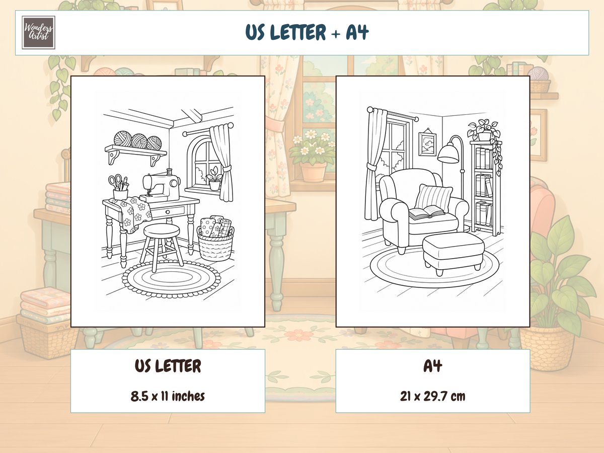 Tiny Cozy Rooms Coloring Book — print sizes