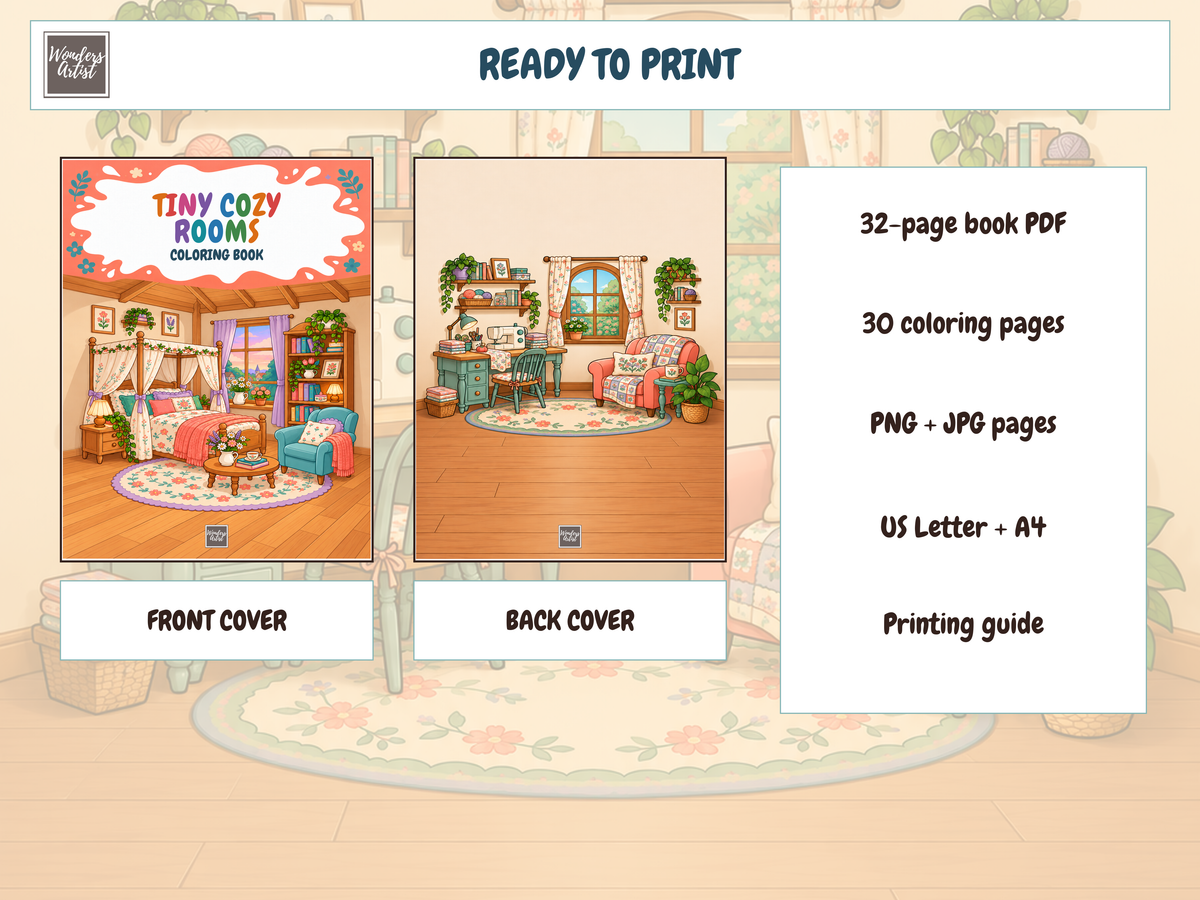 Tiny Cozy Rooms Coloring Book — whats included