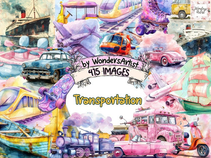 Transportation Watercolor Clipart - High - Quality Instant Digital Download for Creative Projects