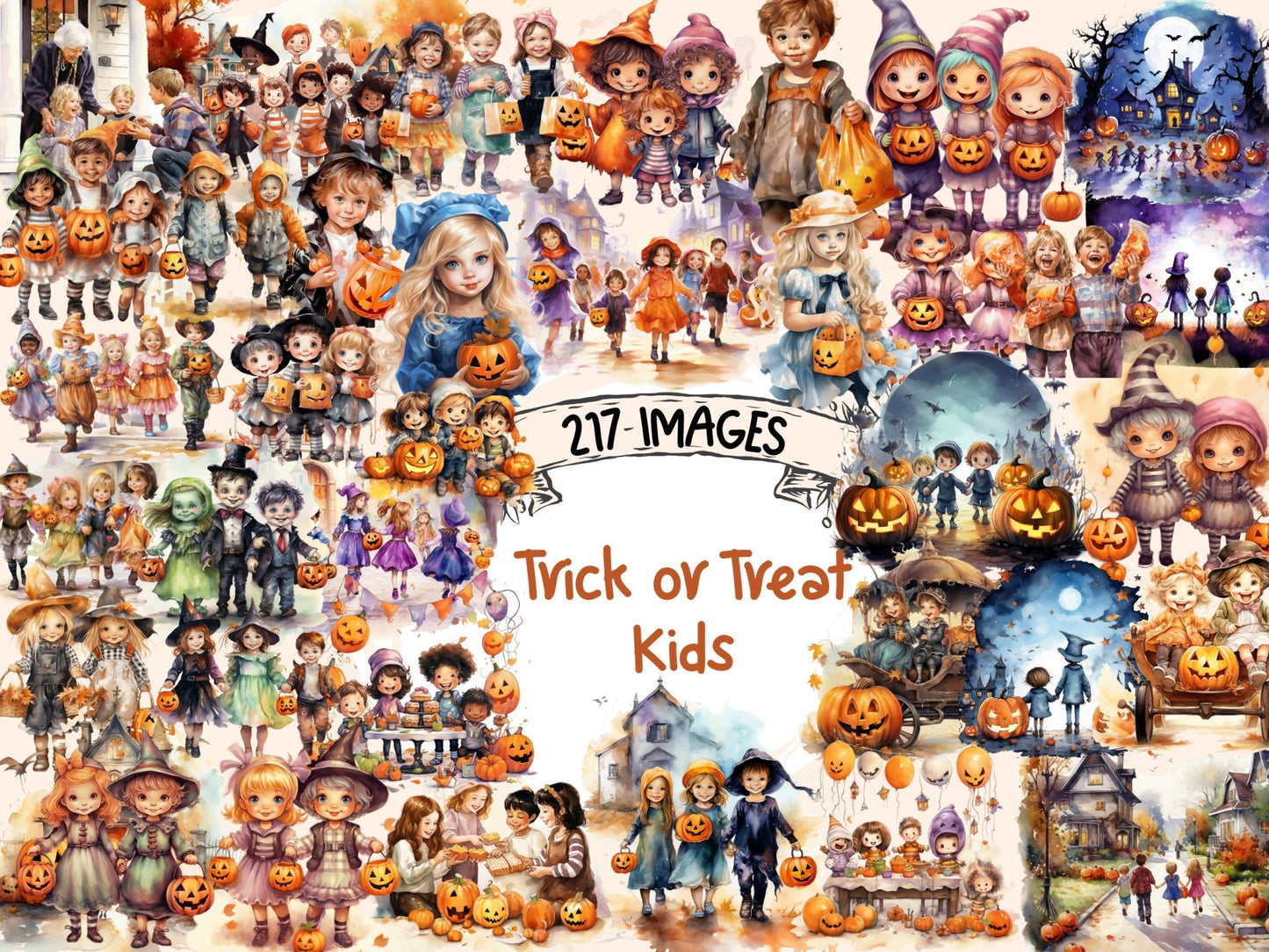 Trick or Treat Kids Watercolor Clipart - High - Quality Instant Digital Download for Creative Projects