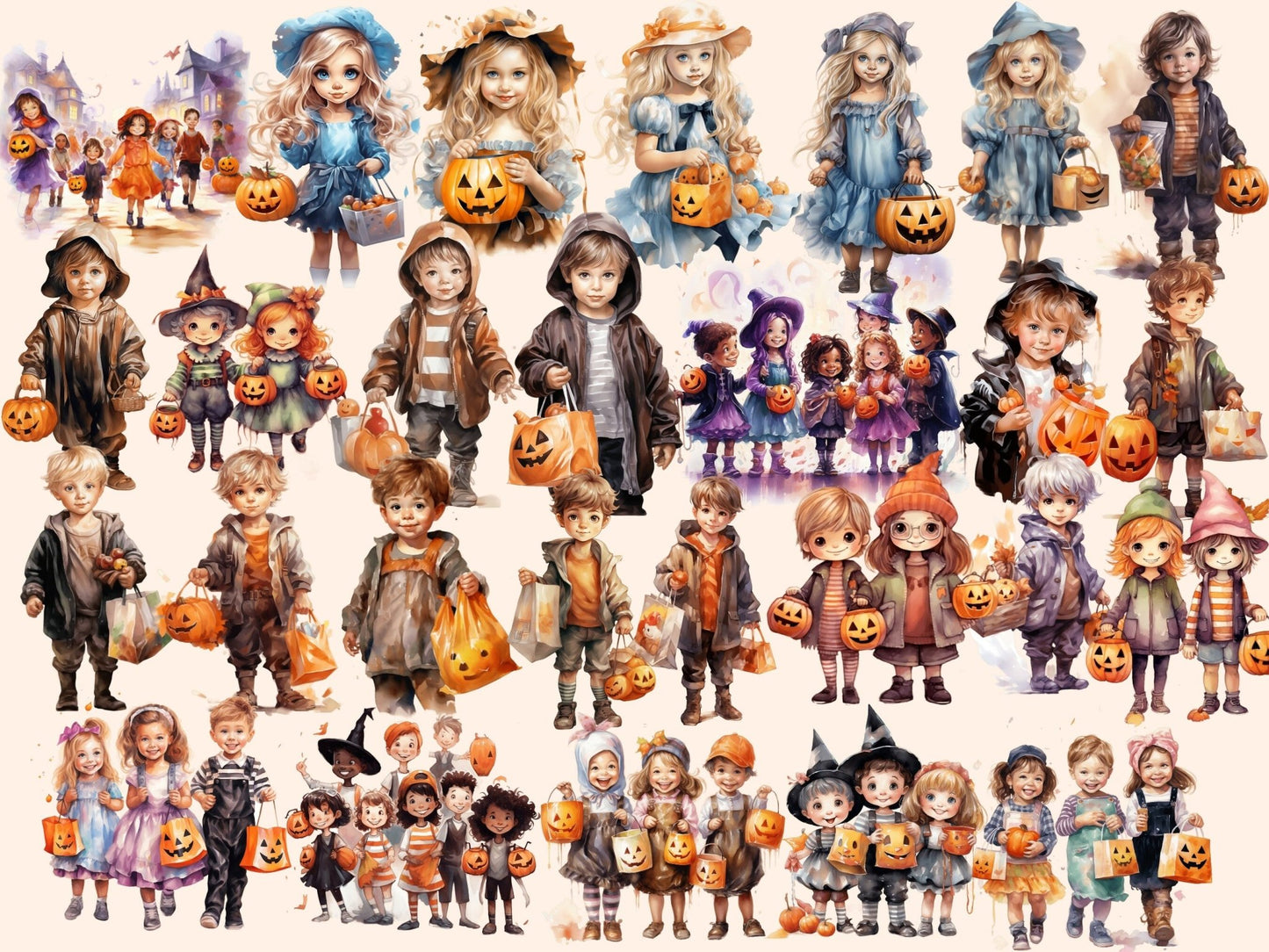 Trick or Treat Kids Watercolor Clipart - High - Quality Instant Digital Download for Creative Projects