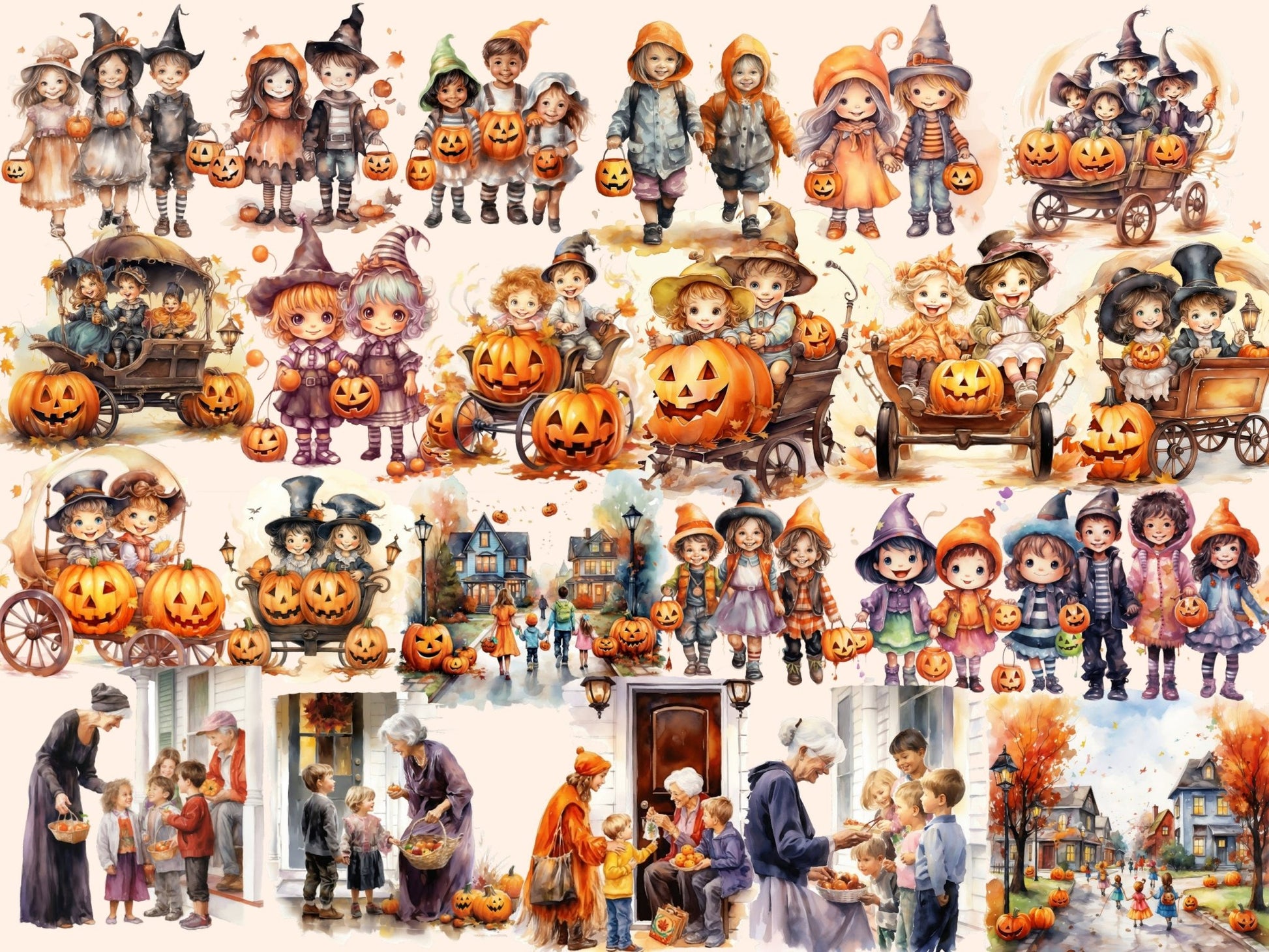 Trick or Treat Kids Watercolor Clipart - High - Quality Instant Digital Download for Creative Projects