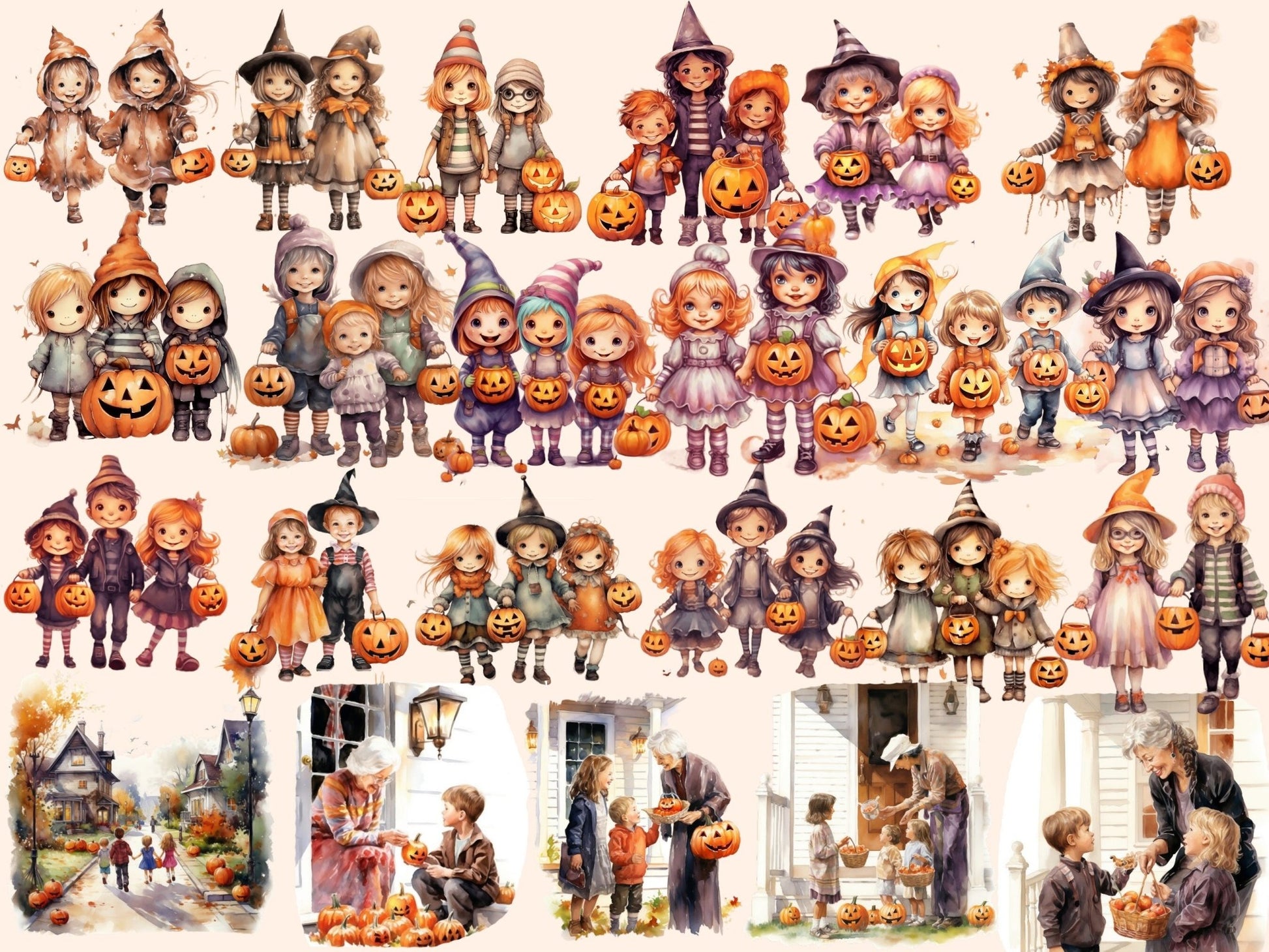 Trick or Treat Kids Watercolor Clipart - High - Quality Instant Digital Download for Creative Projects