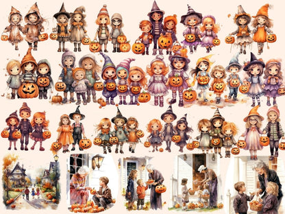 Trick or Treat Kids Watercolor Clipart autumn clipart - Wonders Artist