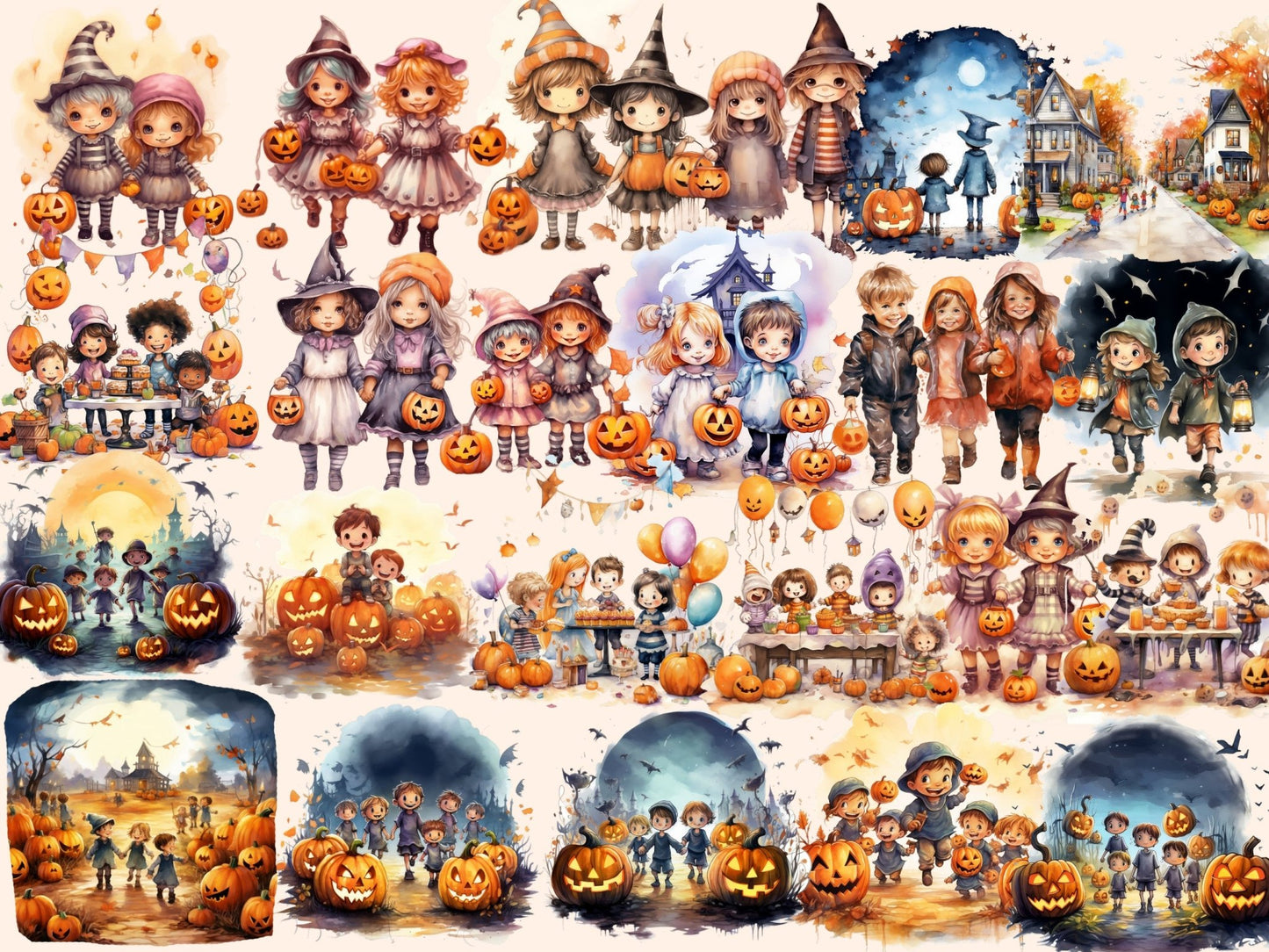 Trick or Treat Kids Watercolor Clipart - High - Quality Instant Digital Download for Creative Projects