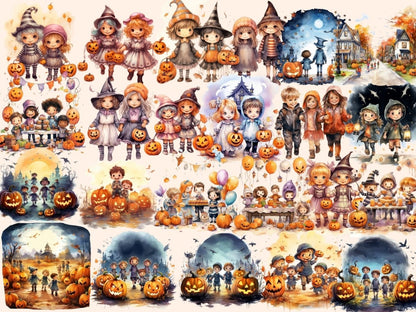 Trick or Treat Kids Watercolor Clipart autumn clipart - Wonders Artist