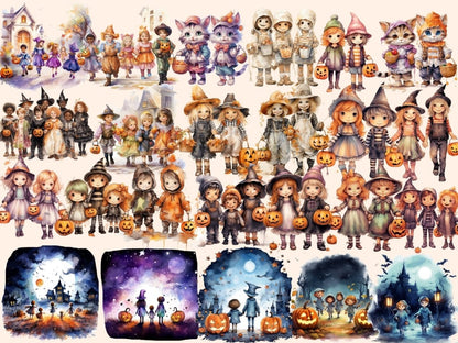 Trick or Treat Kids Watercolor Clipart autumn clipart - Wonders Artist