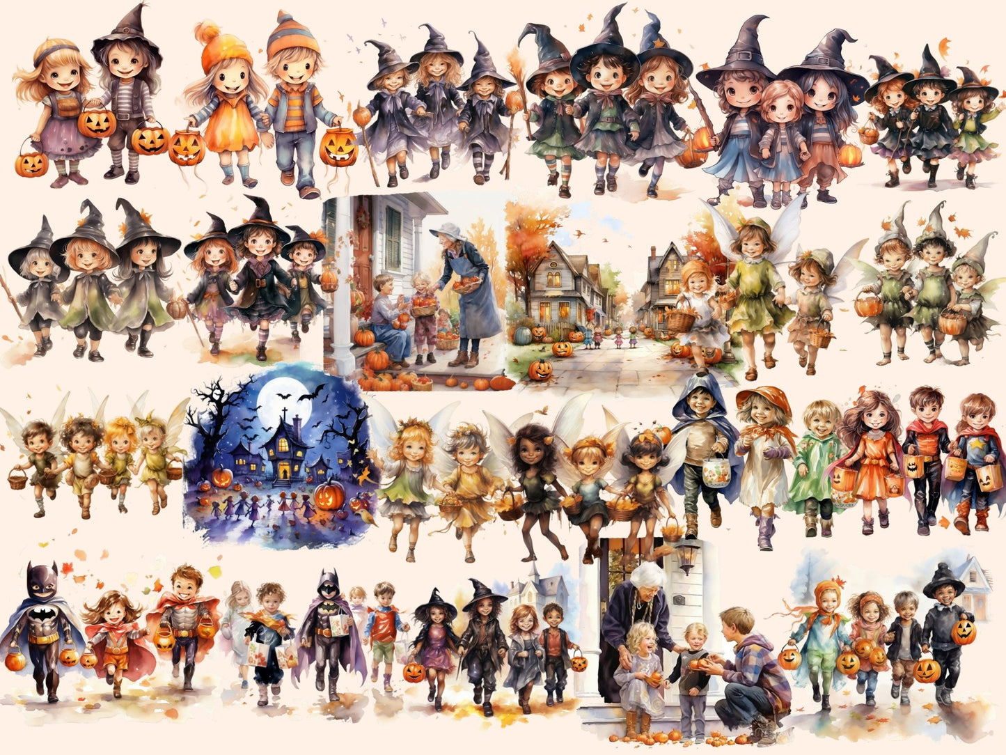 Trick or Treat Kids Watercolor Clipart - High - Quality Instant Digital Download for Creative Projects