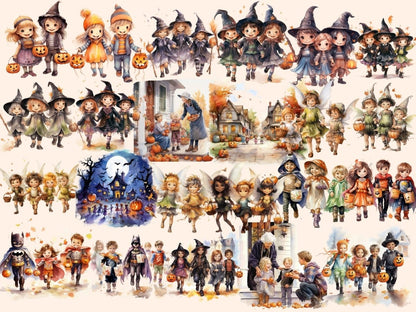 Trick or Treat Kids Watercolor Clipart autumn clipart - Wonders Artist