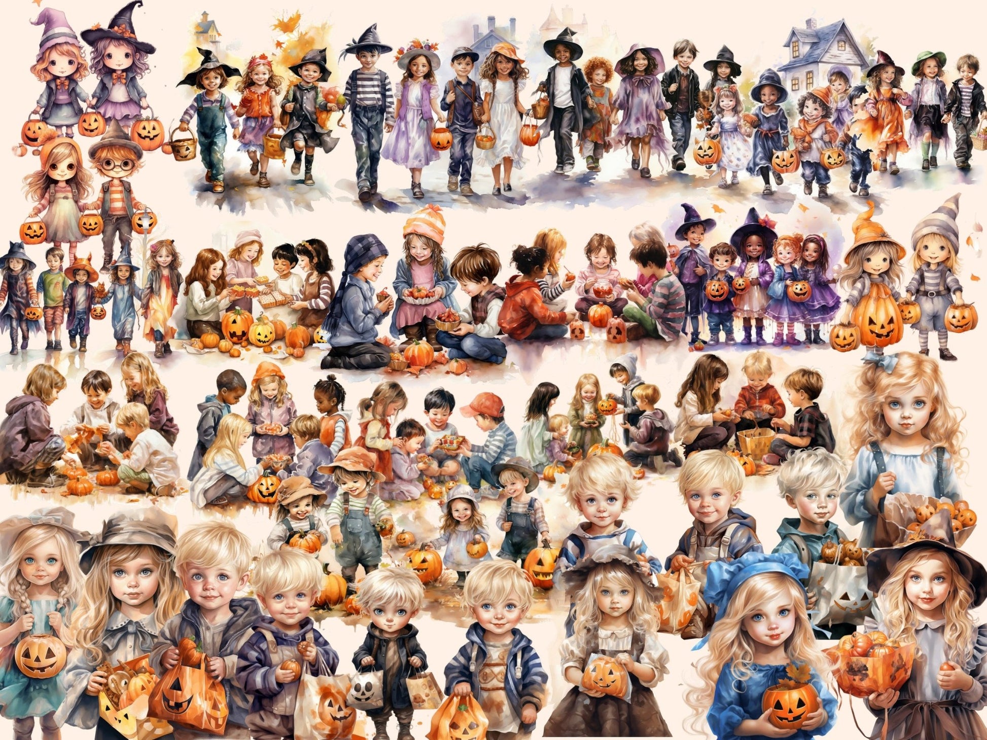 Trick or Treat Kids Watercolor Clipart - High - Quality Instant Digital Download for Creative Projects