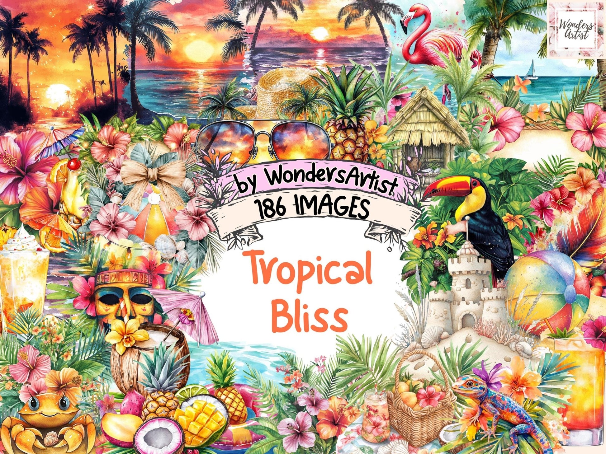 Tropical Bliss Watercolor Clipart - High - Quality Instant Digital Download for Creative Projects