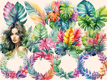 Tropical Leaves Watercolor Clipart - High - Quality Instant Digital Download for Creative Projects
